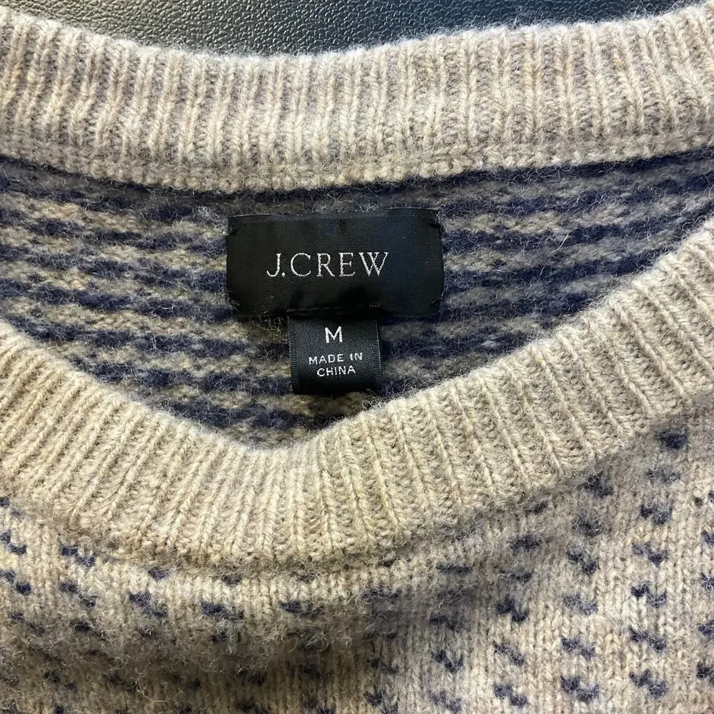 J Crew Sweater Mens M Merino Wool Tan Navy Textured Knit Crewneck Pullover